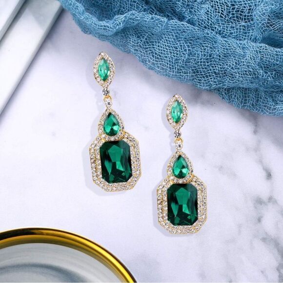 Yellow Gold and Emerald Green Austrian Crystal Infinity Chandelier Post Earrings - Picture 2 of 5